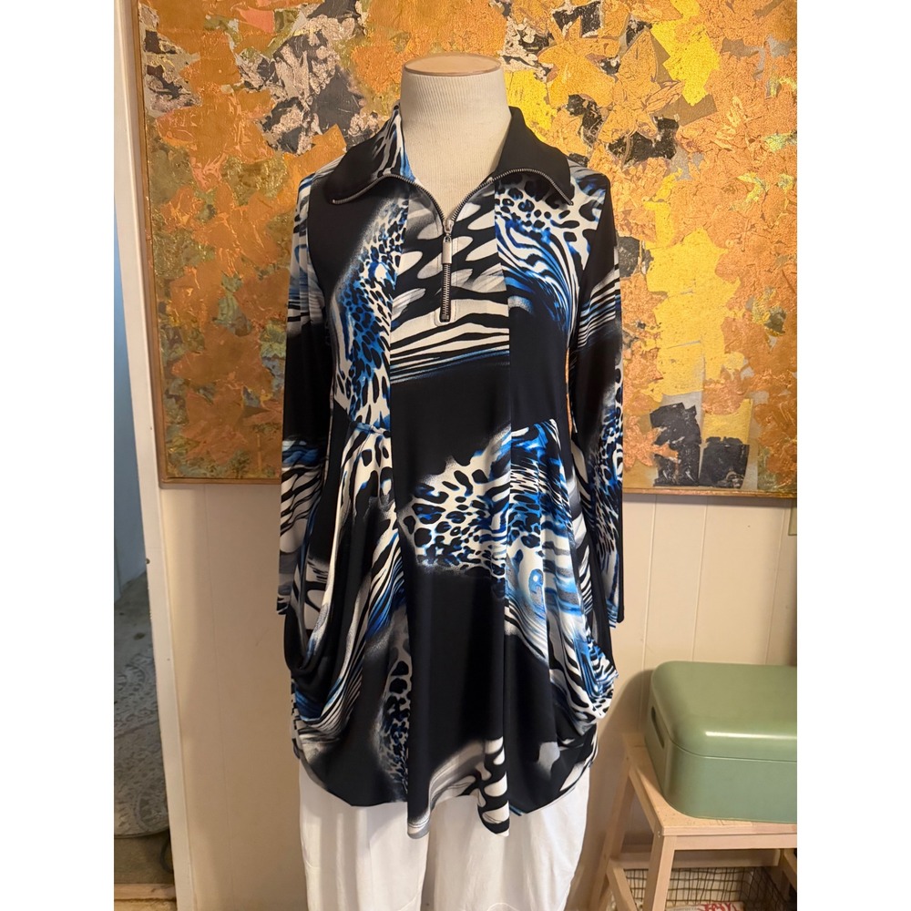 Essex Art to Wear Mixed Media Tunic Black/ Blue Asymmetrical L